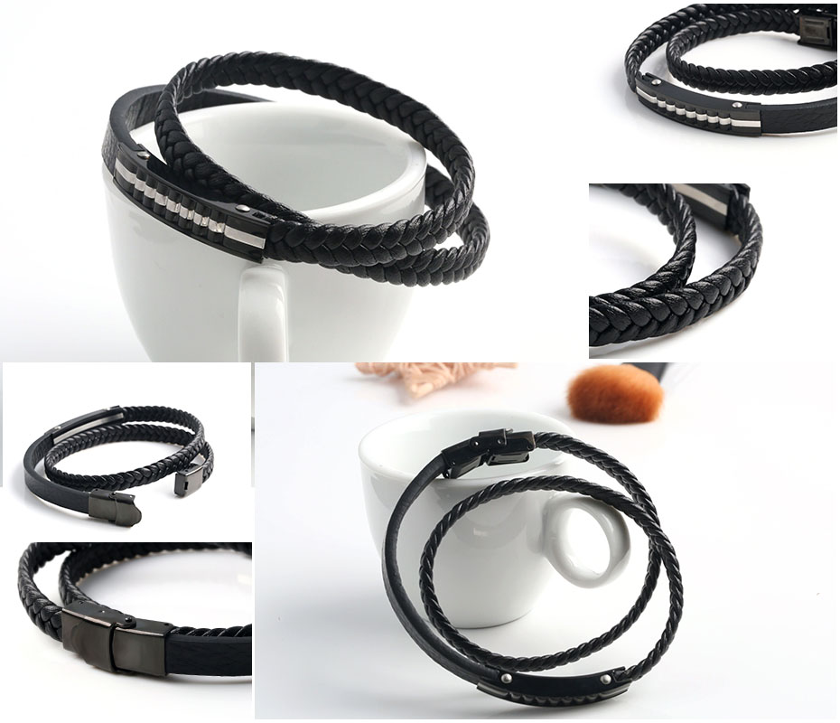 Woven twist black leather bracelet