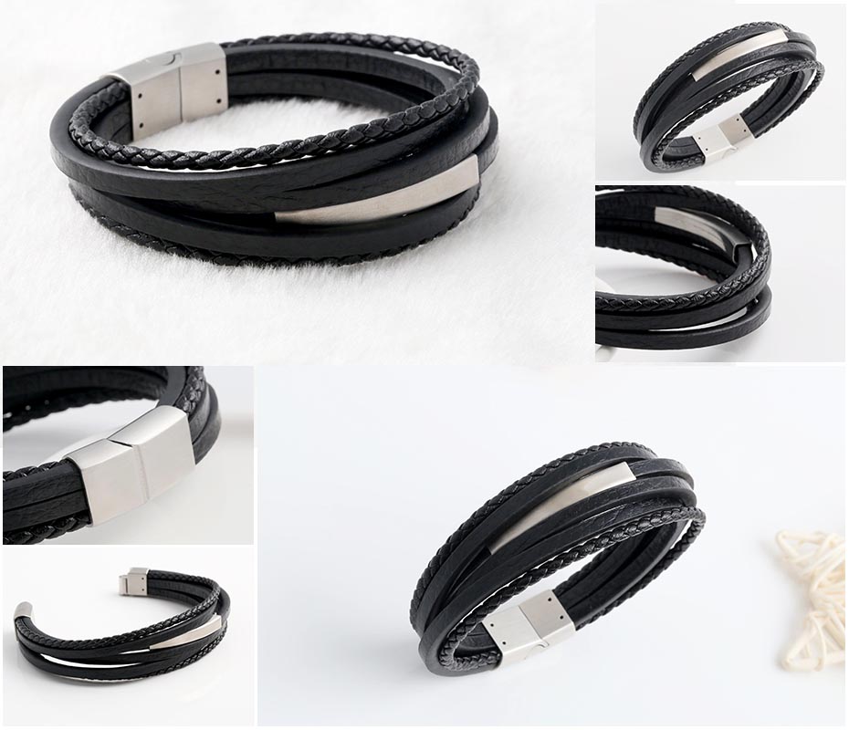 Men's black leather braided bracelet
