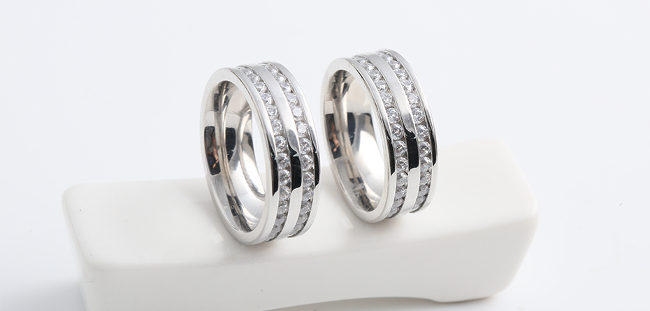 Parallel bars white diamond couple titanium steel ring