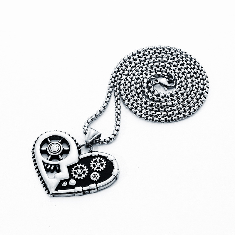 Aggressive Punk Love Shaped Mechanical Gear Pendant Necklace