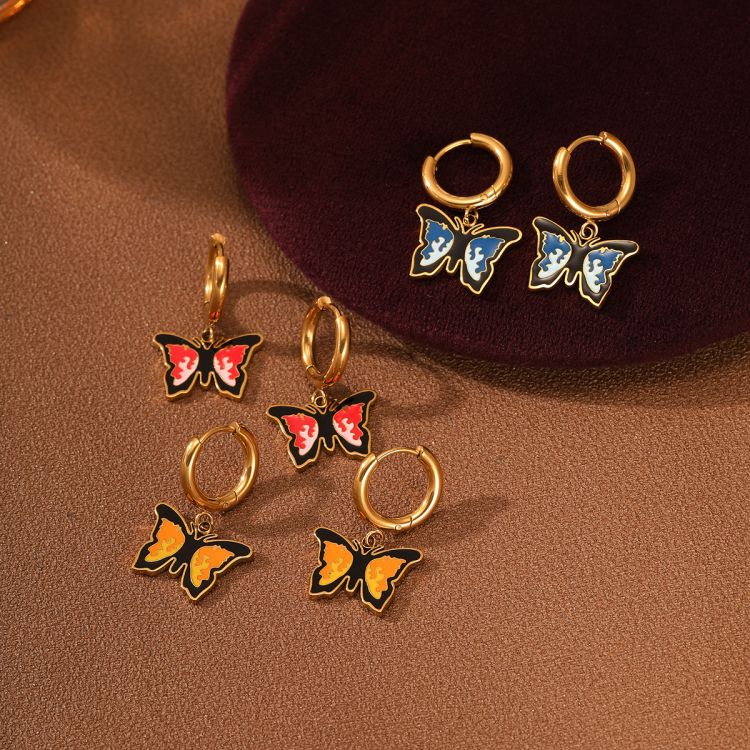 Butterfly enamel dropper earrings, stainless steel colored oil ear buckle